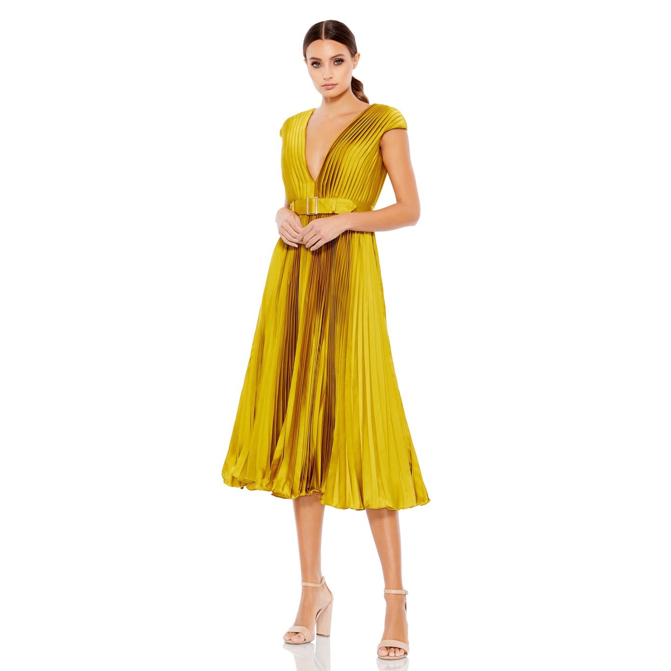 Mac Duggal Pleated V-Neck Belted Midi Dress Citron Chartreuse 26483 Size 10